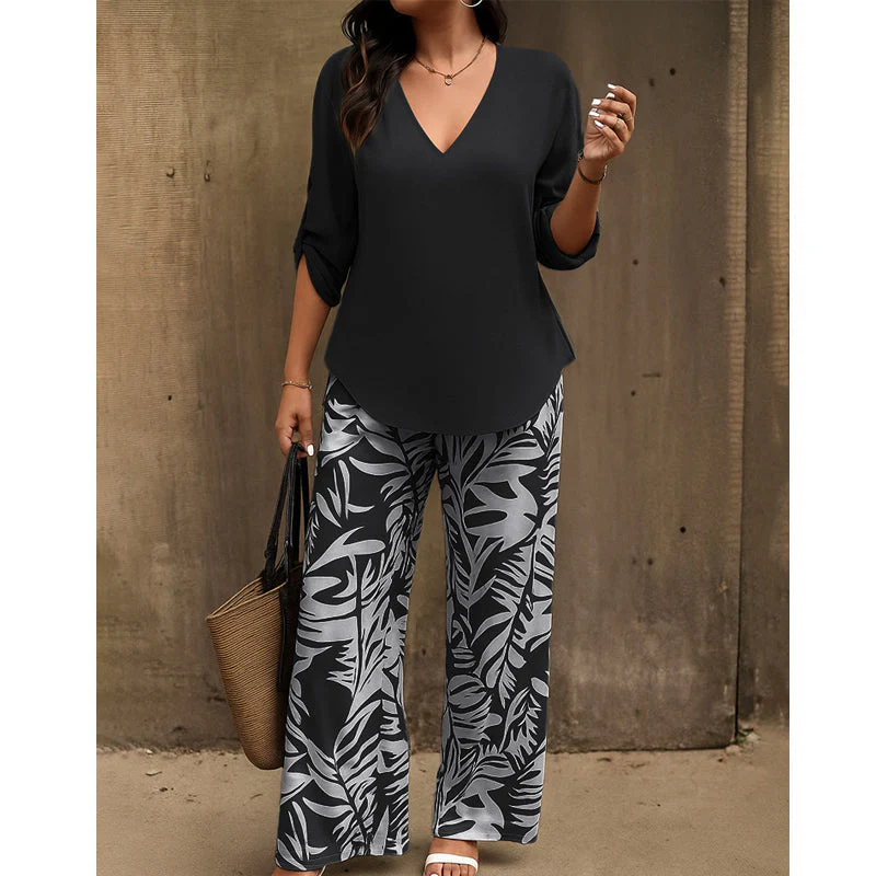 Liwia - Elegante Completo Estivo Composto Da Una Camicetta Con Scollo a V E Pantaloni Stampati