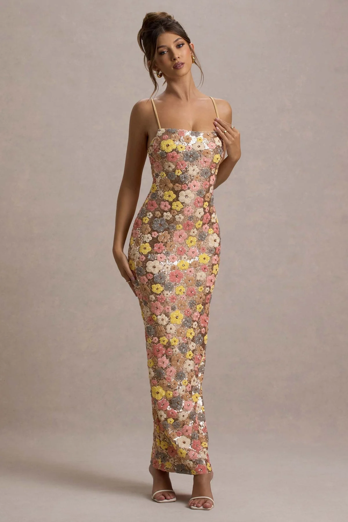 Lolita - Abito Lungo con Spalline sottili e Paillettes Floreali - Image 2