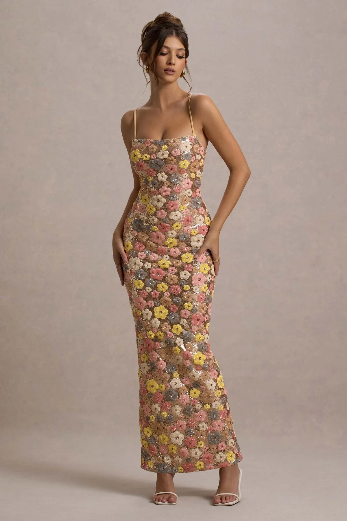 Lolita - Abito Lungo con Spalline sottili e Paillettes Floreali - Image 4