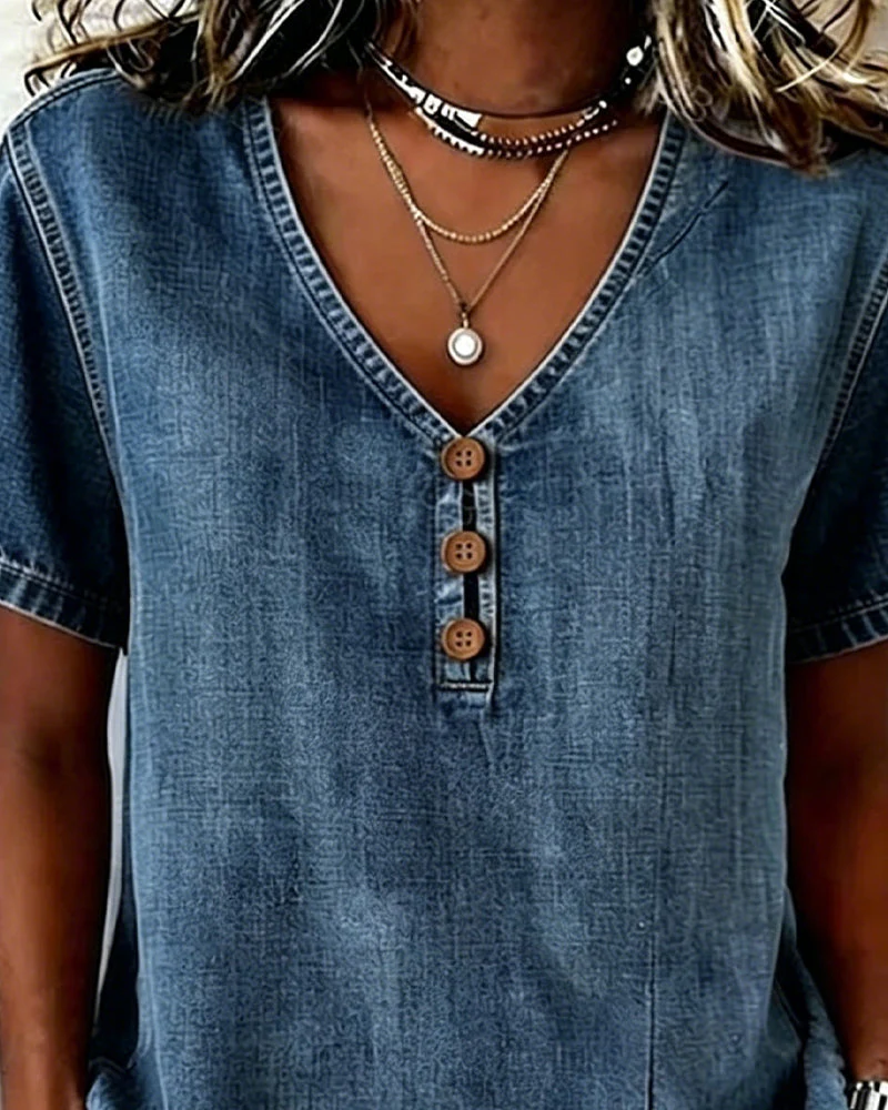 Lyjena - Camicetta In Denim Con Scollo a V e Spacco - Image 2