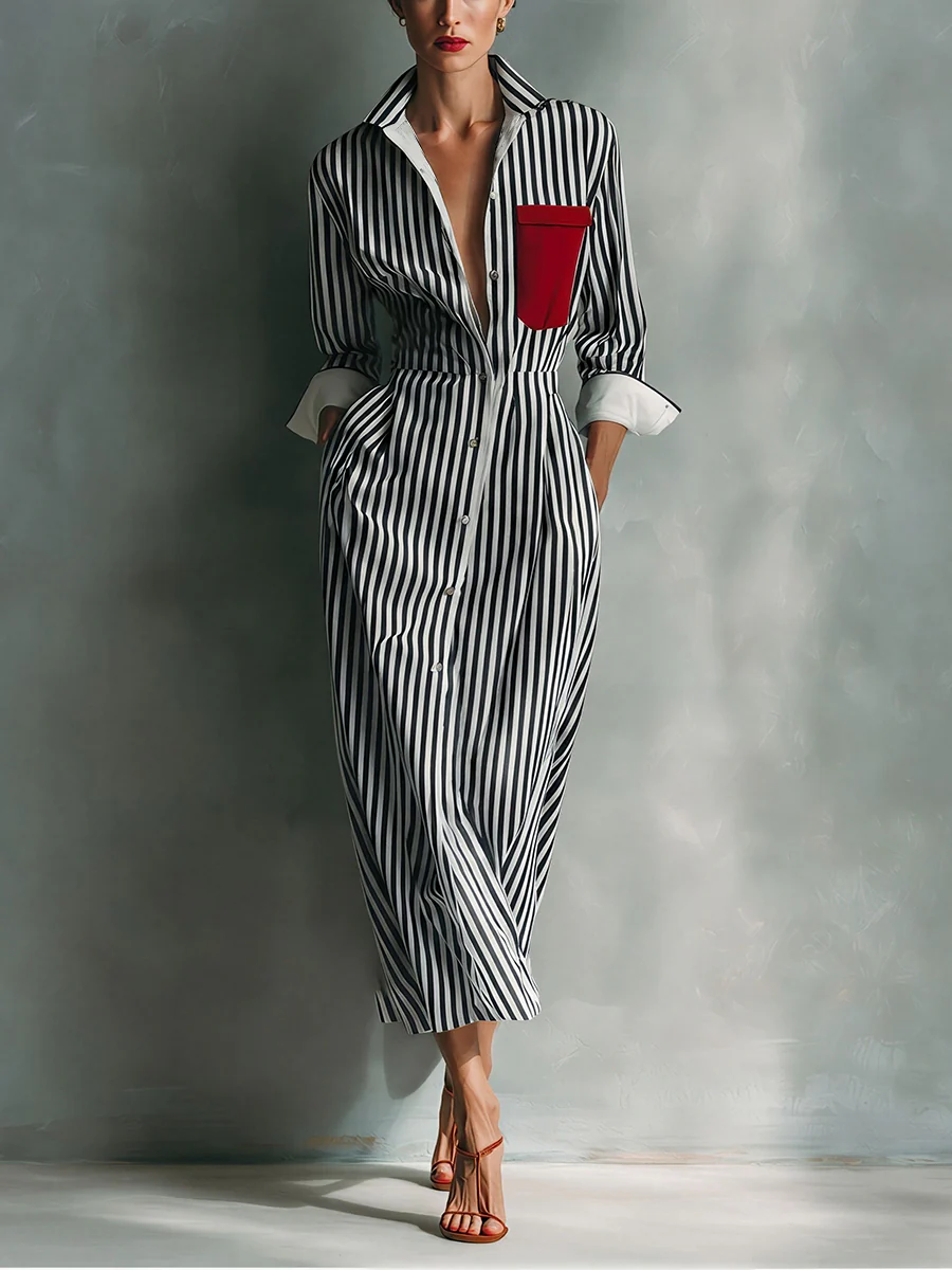 Makeda - Abito a Camicia a Righe Con Tasca Sul Petto - Image 3