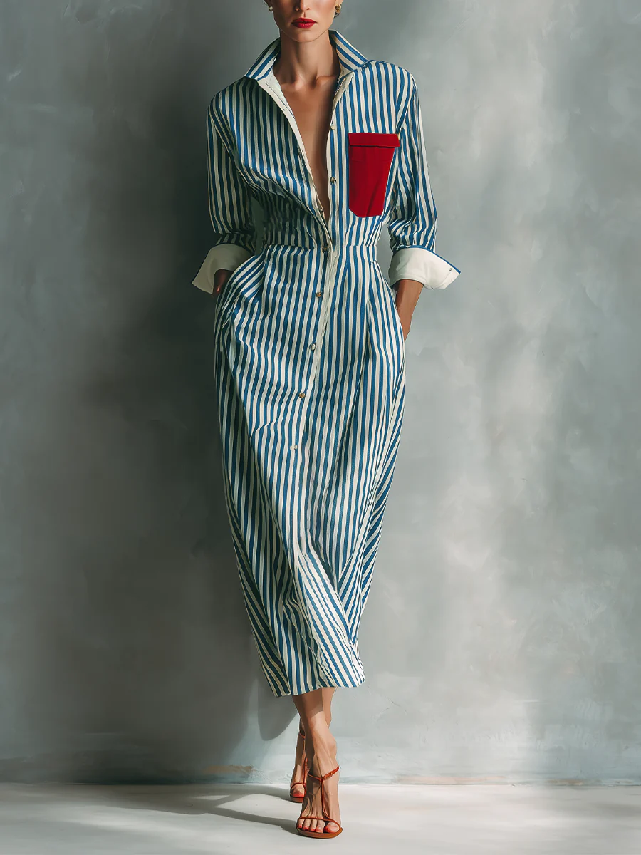 Makeda - Abito a Camicia a Righe Con Tasca Sul Petto - Image 4