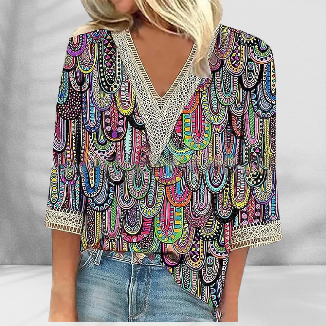 Maricela - Camicetta Boho Con Motivi Floreali E Maniche Lunghe