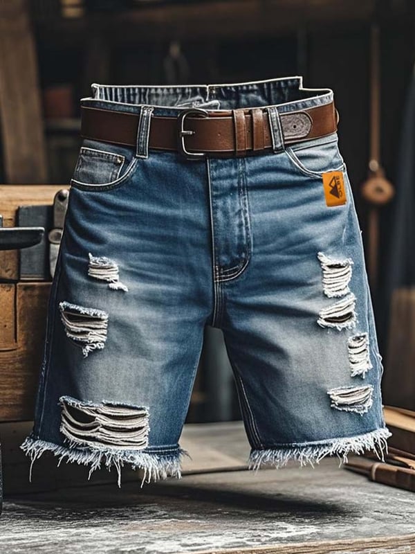 Pantaloncini Funzionali Vintage da Uomo in Denim Strappato