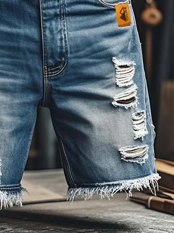 Pantaloncini Funzionali Vintage da Uomo in Denim Strappato - Image 2