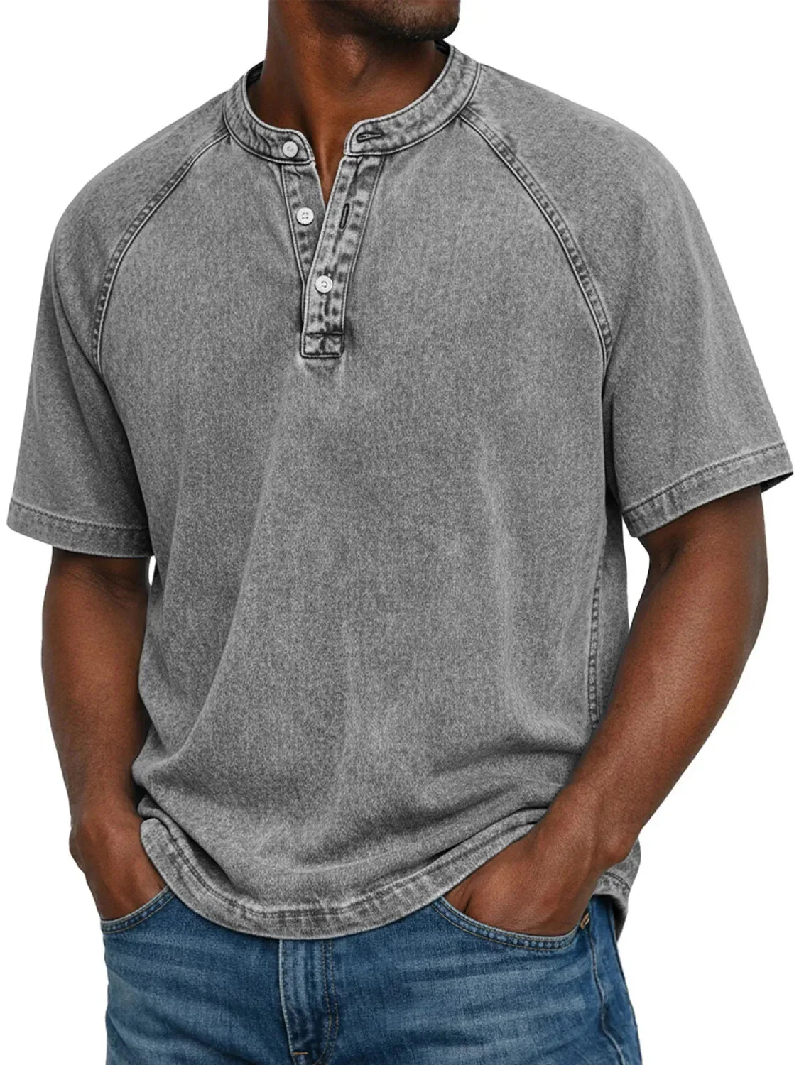 Misael - Maglietta Henley a Maniche Corte con Effetto vintage Lavato - Image 3
