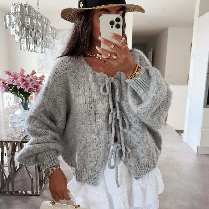Mya - Cardigan Autunnale in Maglia con Laccetti sul Davanti - Image 6