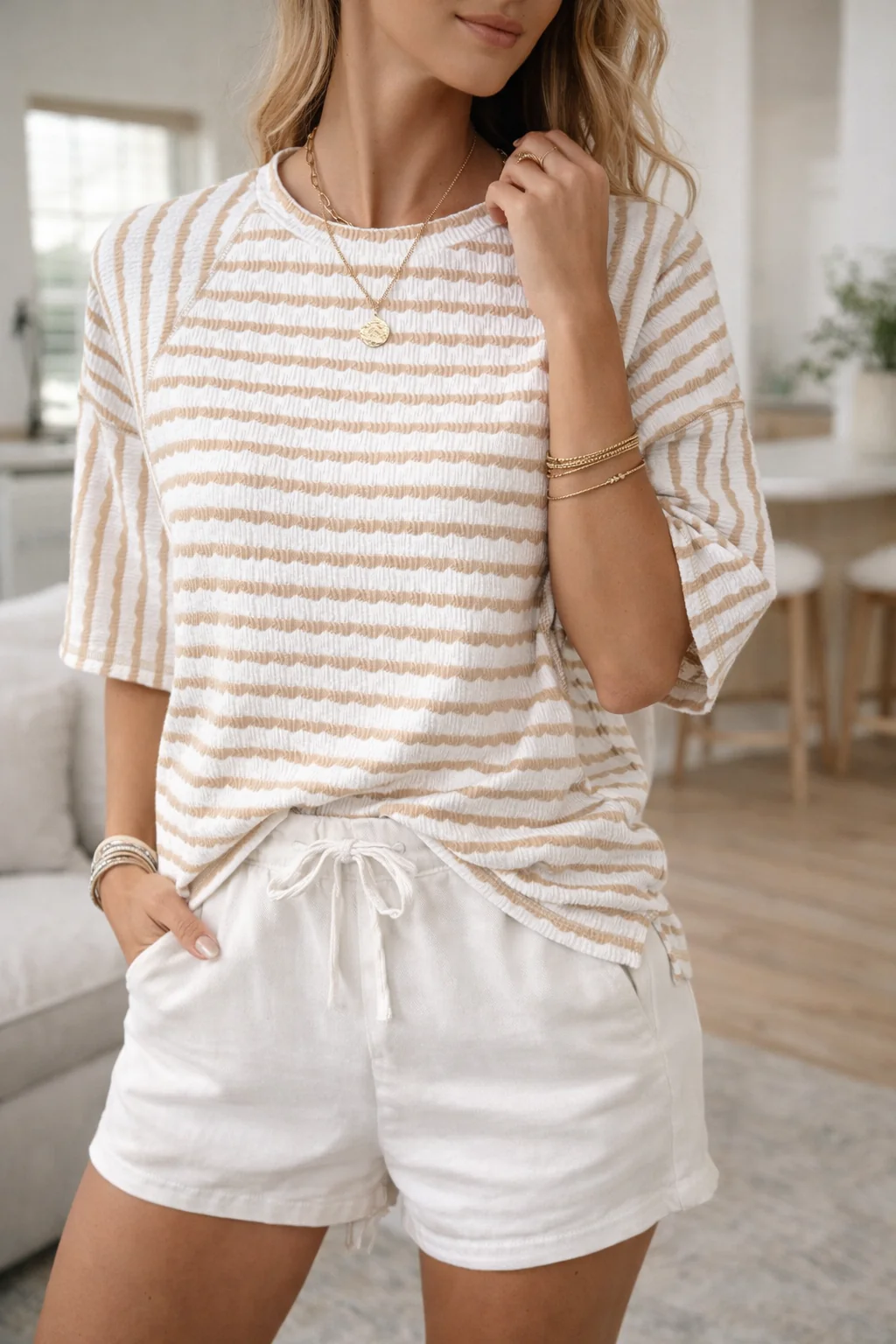 Nance - T- Camicia Comoda a Rghe in Stile Costiero