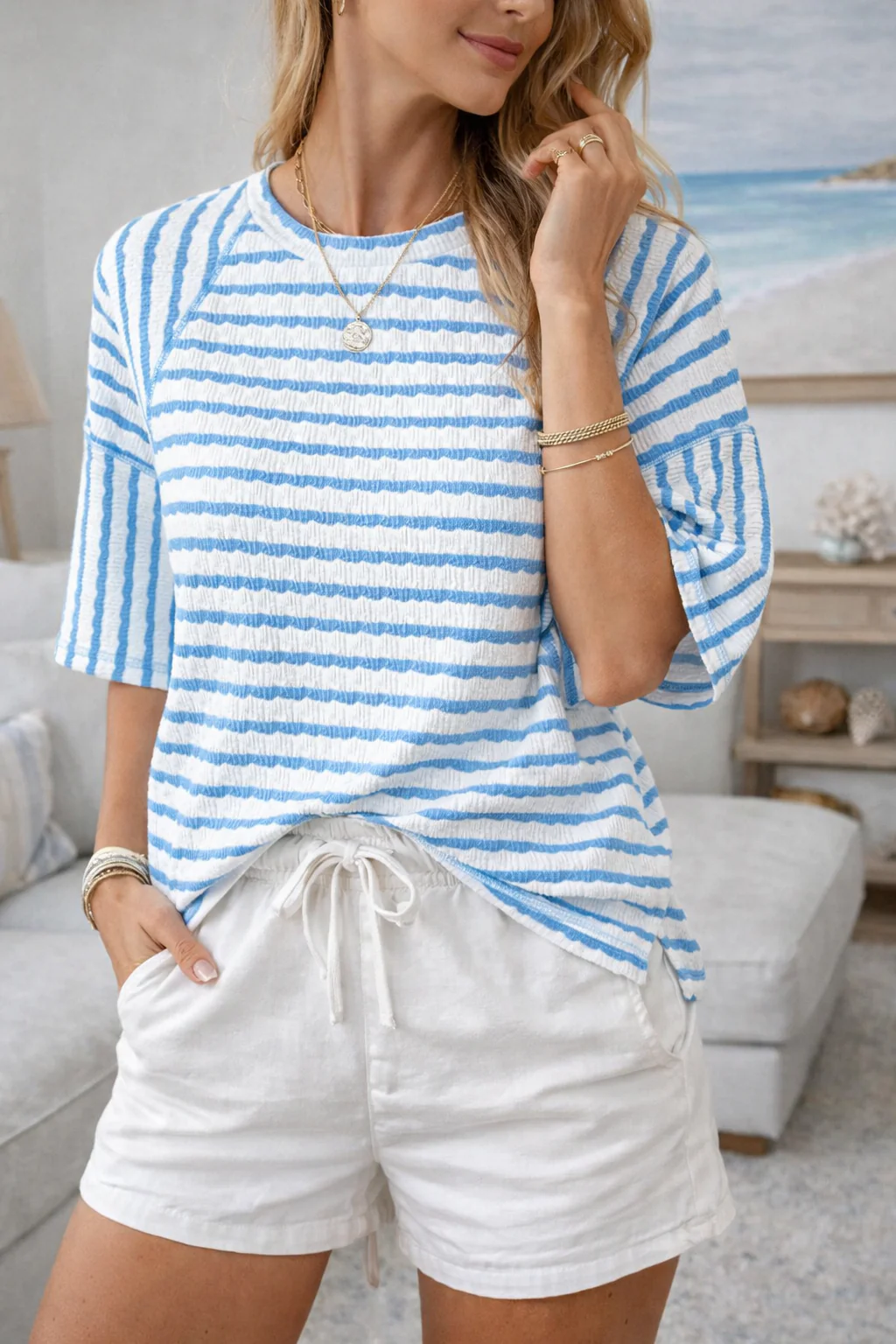 Nance - T- Camicia Comoda a Rghe in Stile Costiero - Image 2