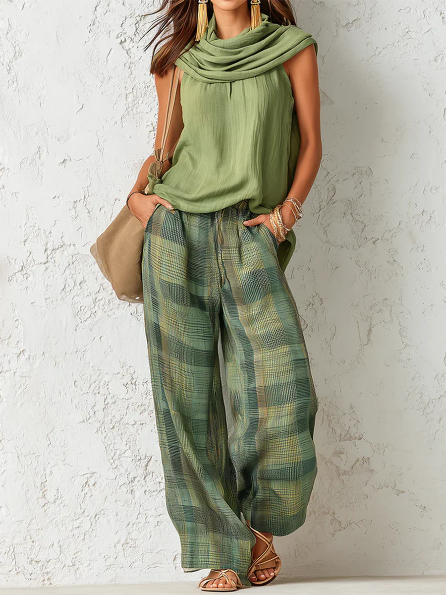 Nidya - Set con Top Senza Maniche Sage Breeze e Pantaloni a Gamba Larga Scozzesi - Image 2