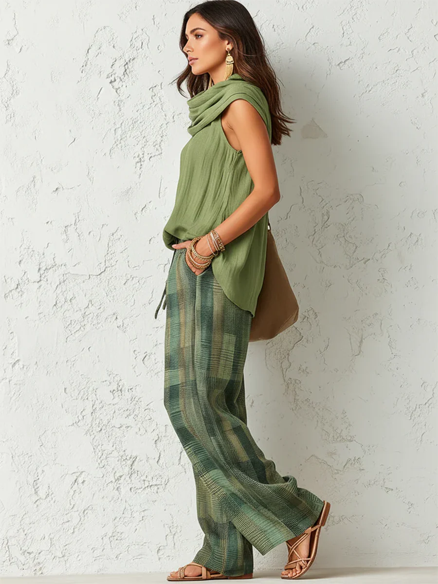 Nidya - Set con Top Senza Maniche Sage Breeze e Pantaloni a Gamba Larga Scozzesi - Image 3