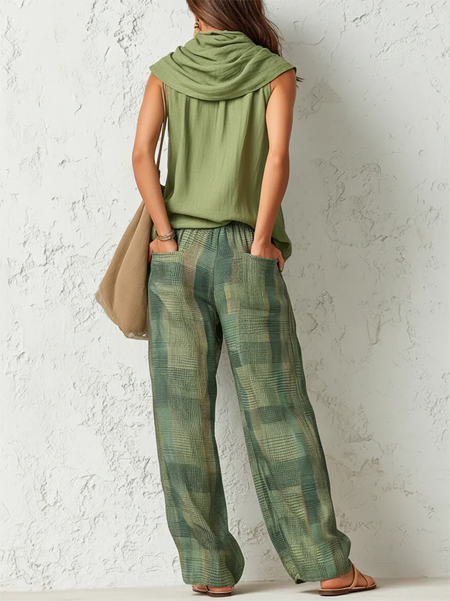 Nidya - Set con Top Senza Maniche Sage Breeze e Pantaloni a Gamba Larga Scozzesi - Image 4