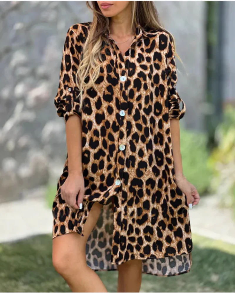 Nikoletta - Elegante Abito A Camicia Con Stampa Leopardata