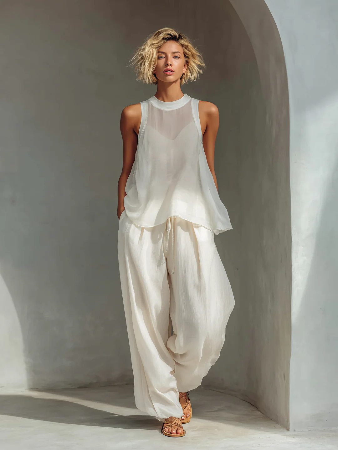Olivian - Set Composto da top senza maniche in chiffon e pantaloni a gamba larga