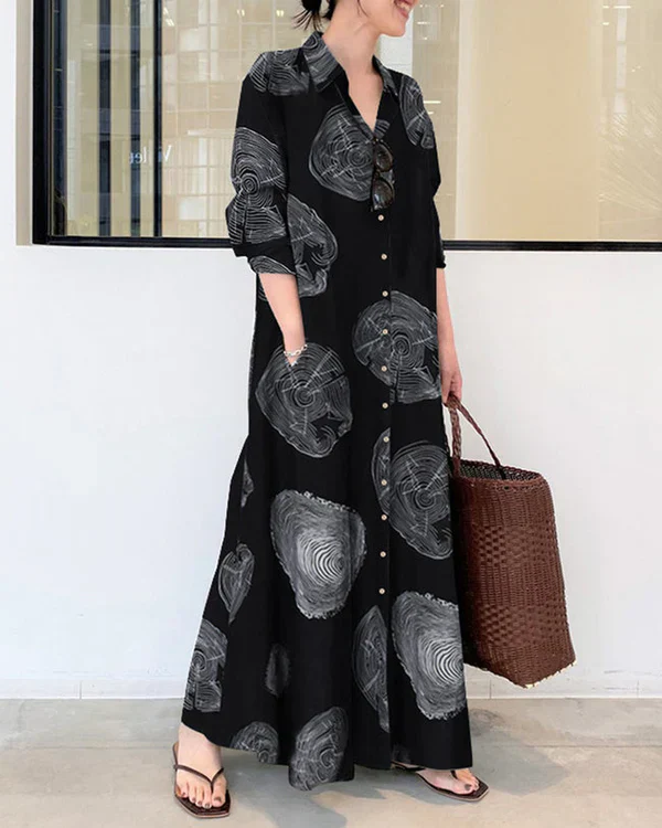 Poleska - Elegante Manica Lunga Stampato Abito Maxi