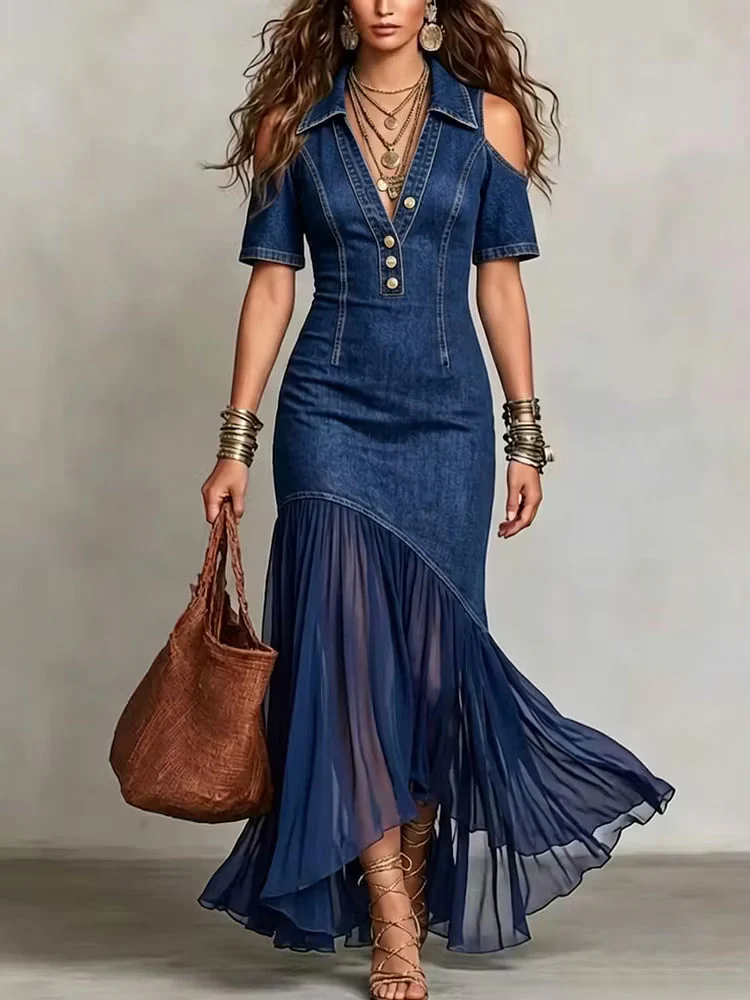 Presley - Abito Lungo in Denim Con Bottoni Decorativi - Image 2