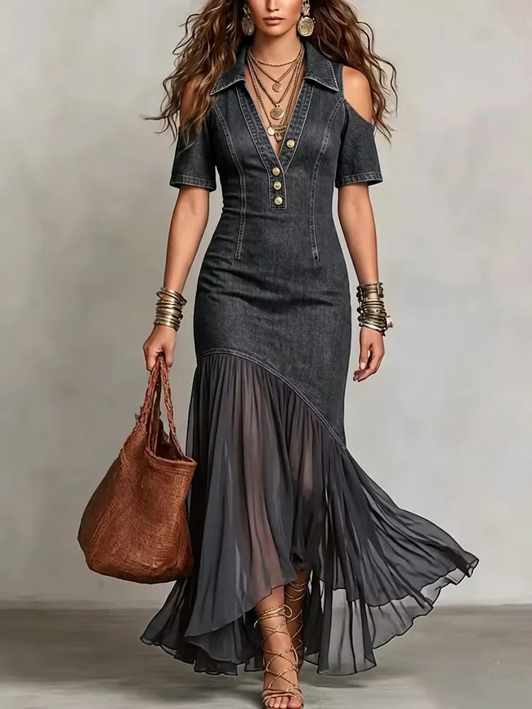 Presley - Abito Lungo in Denim Con Bottoni Decorativi - Image 3