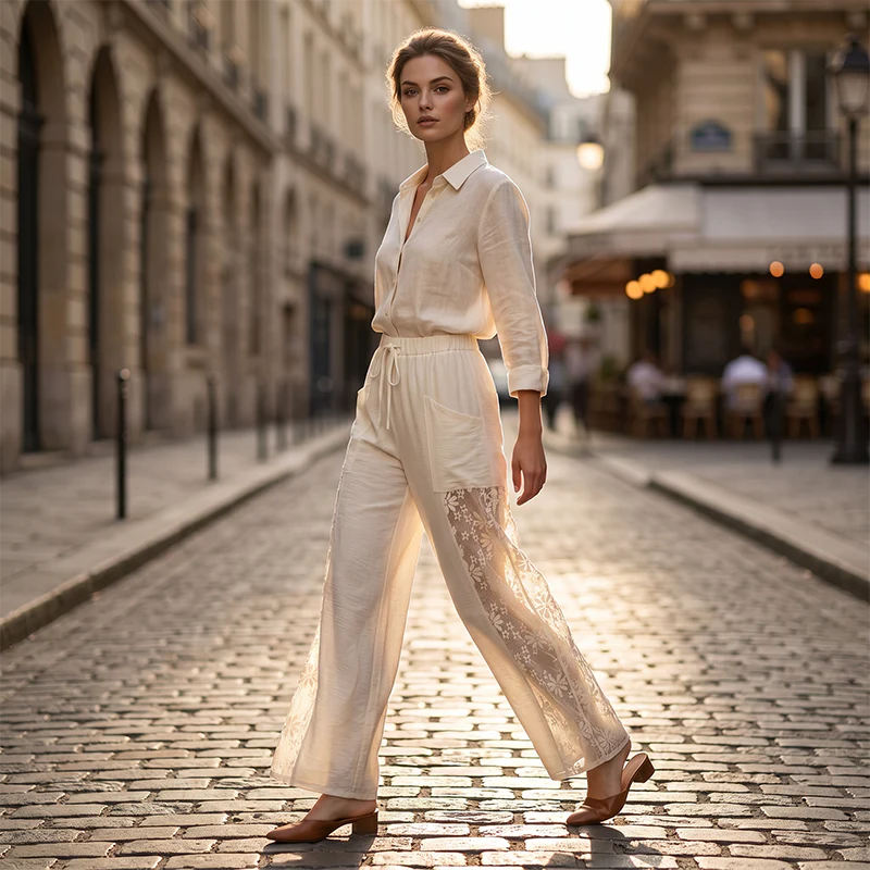 Qerina - Pantaloni Con Delicati Inserti in Pizzo Floreale - Image 7