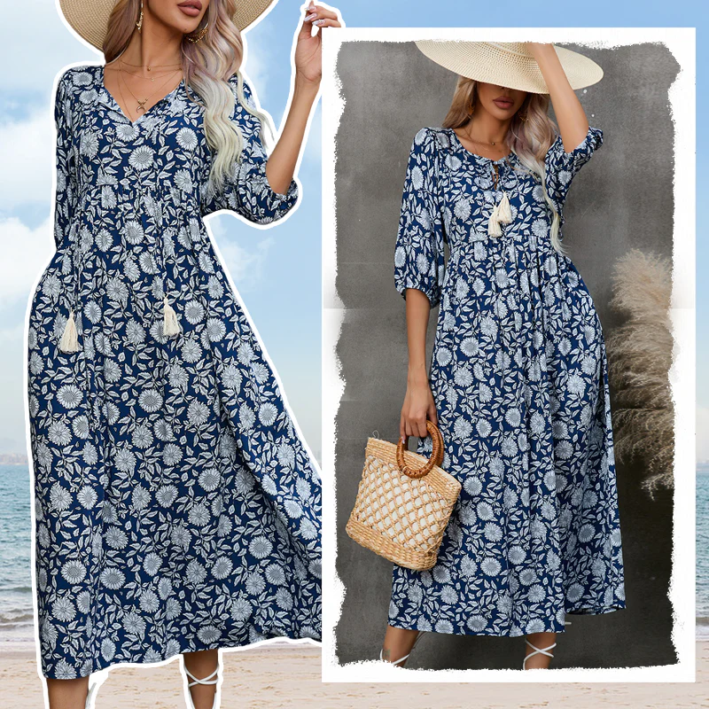 Quelina - Elegante Abito Lungo con Scollo a V e Stampa Floreale