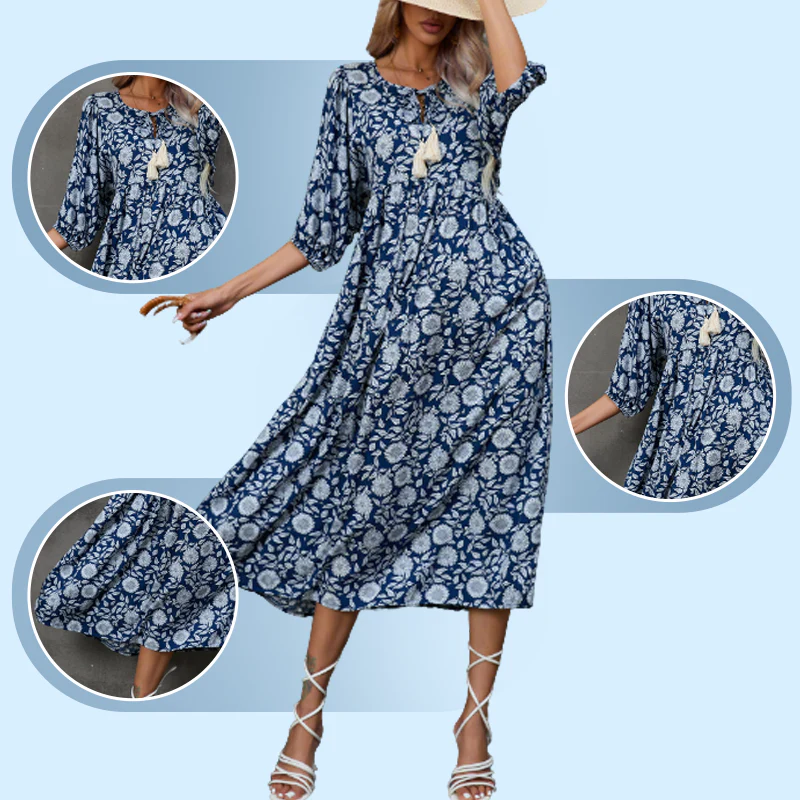 Quelina - Elegante Abito Lungo con Scollo a V e Stampa Floreale - Image 3