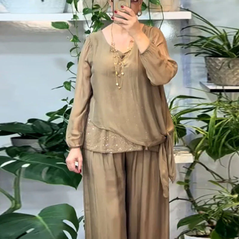 Quirinia - Completo con Blusa con Paillettes e Pantaloni a Gamba Larga