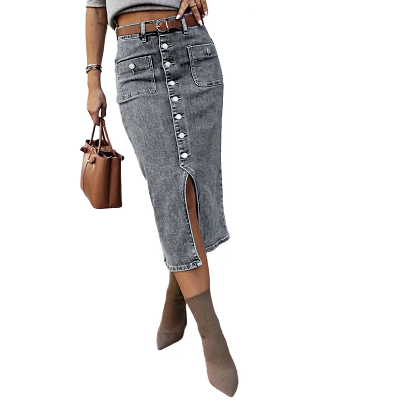 Ralisia - Gonna in Denim a Vita Alta Con Bottone - Image 4