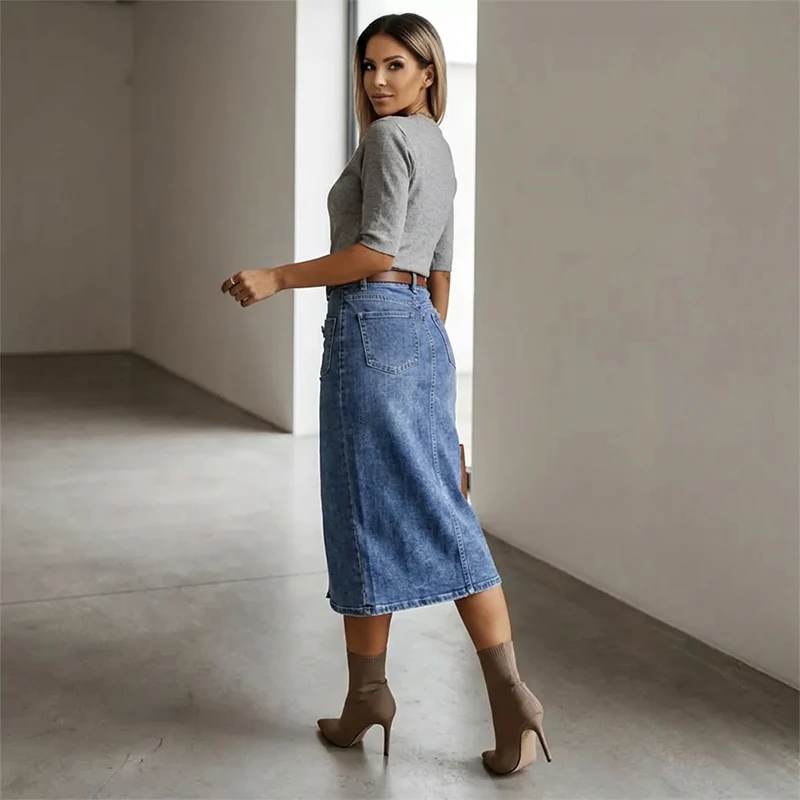 Ralisia - Gonna in Denim a Vita Alta Con Bottone - Image 7
