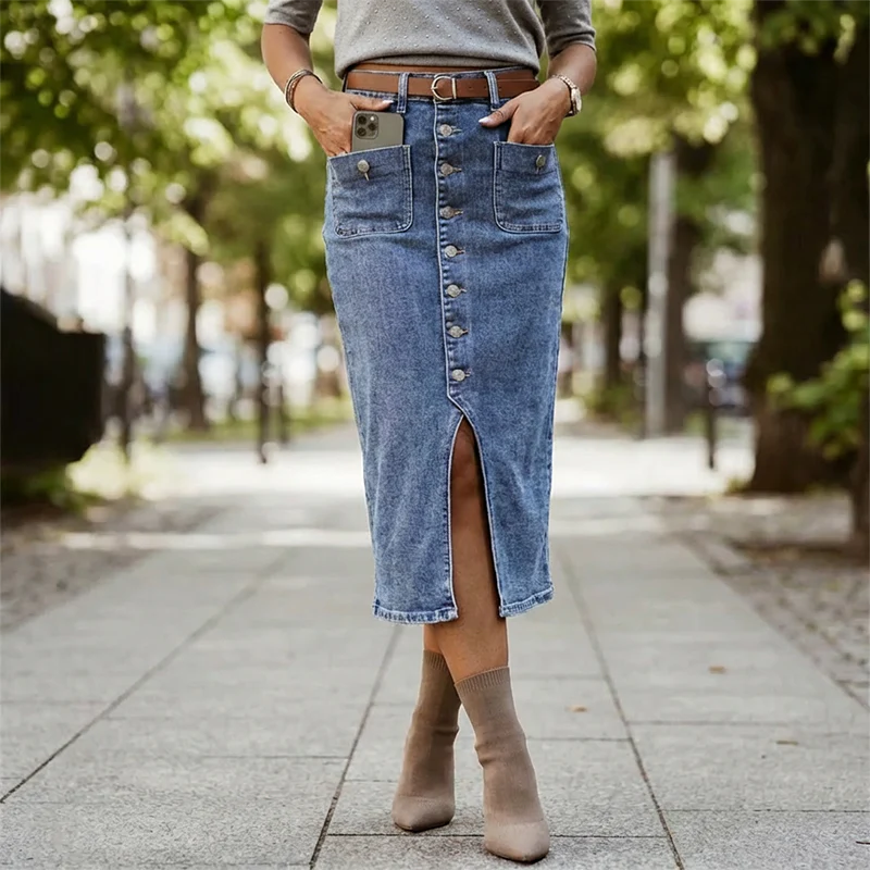 Ralisia - Gonna in Denim a Vita Alta Con Bottone - Image 8