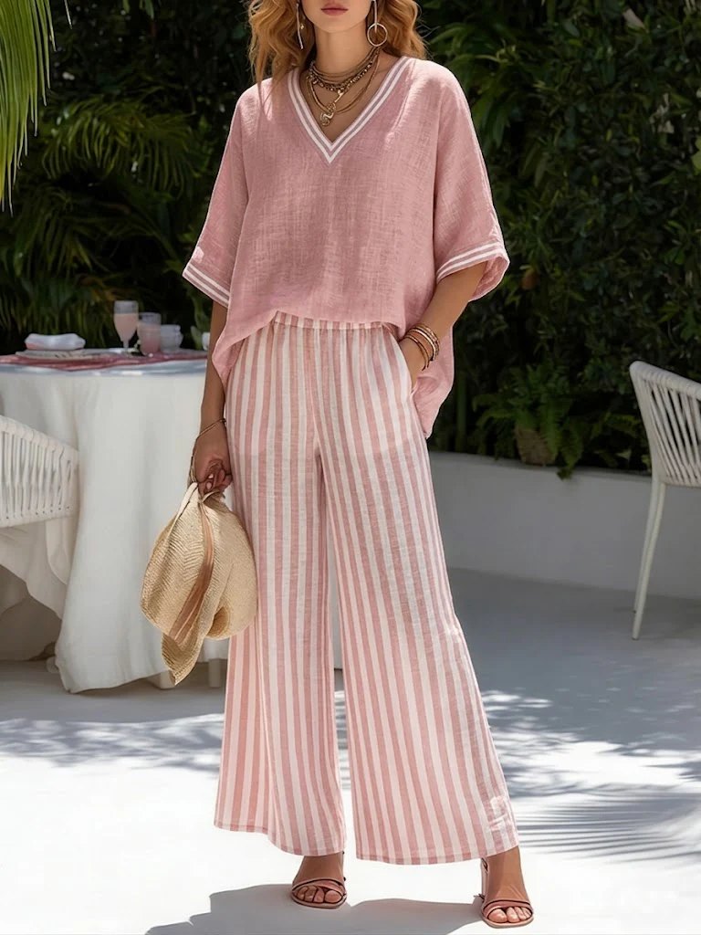 Rashika - Set Elegante e Casual in Misto Lino e Cotone a Righe - Image 2