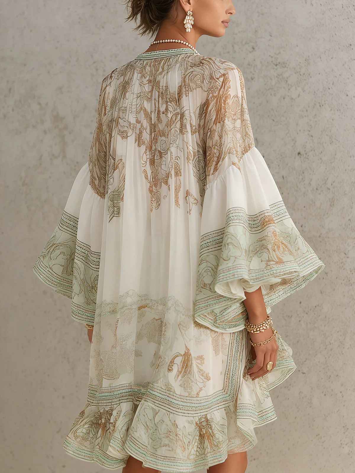 Reba - Miniabito in Chiffon Con Stampa Barocca E Balze a Cascata - Image 5