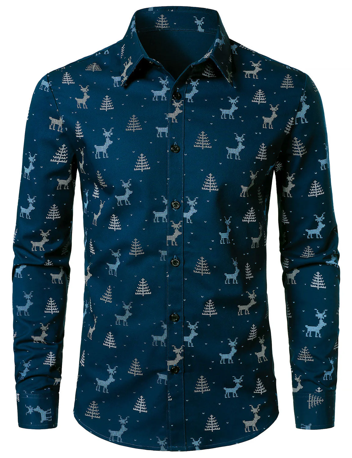 Rowan - Camicia da uomo blu navy a Maniche Lunghe con Stampa alce e Albero di Natale Traspirante