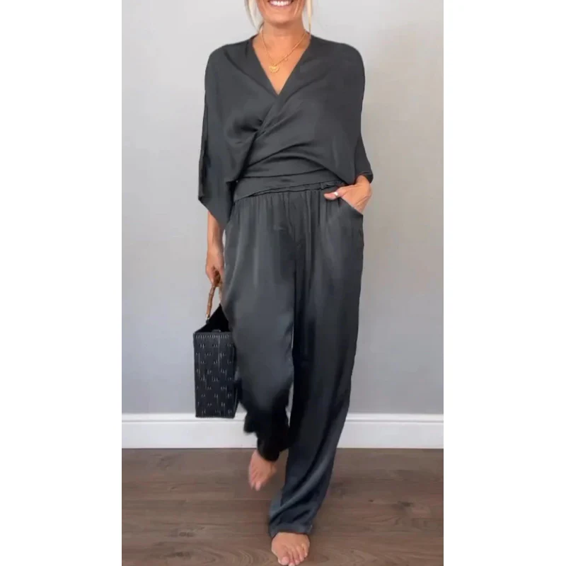 Samira - Top Con Scollo a V e Pantaloni in Cotone Mercerizzato
