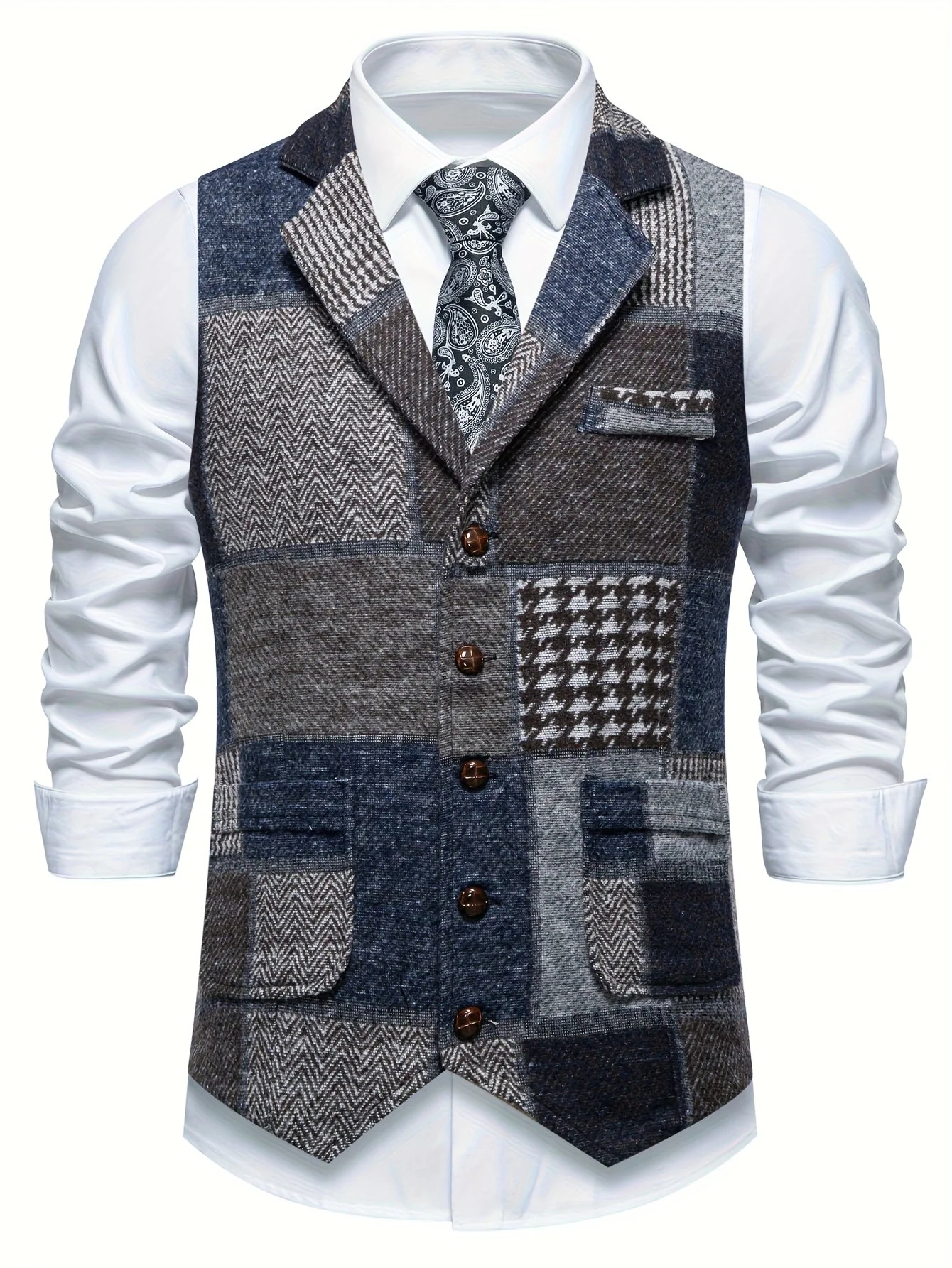 Saverse - Gilet In Tweed A Spina Di Pesce Patchwork - Image 3