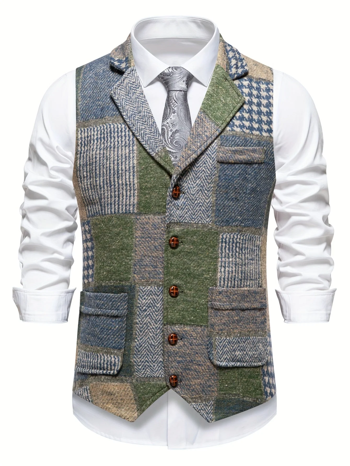 Saverse - Gilet In Tweed A Spina Di Pesce Patchwork - Image 4