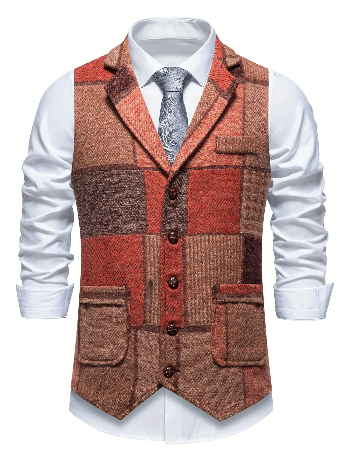 Saverse - Gilet In Tweed A Spina Di Pesce Patchwork - Image 5