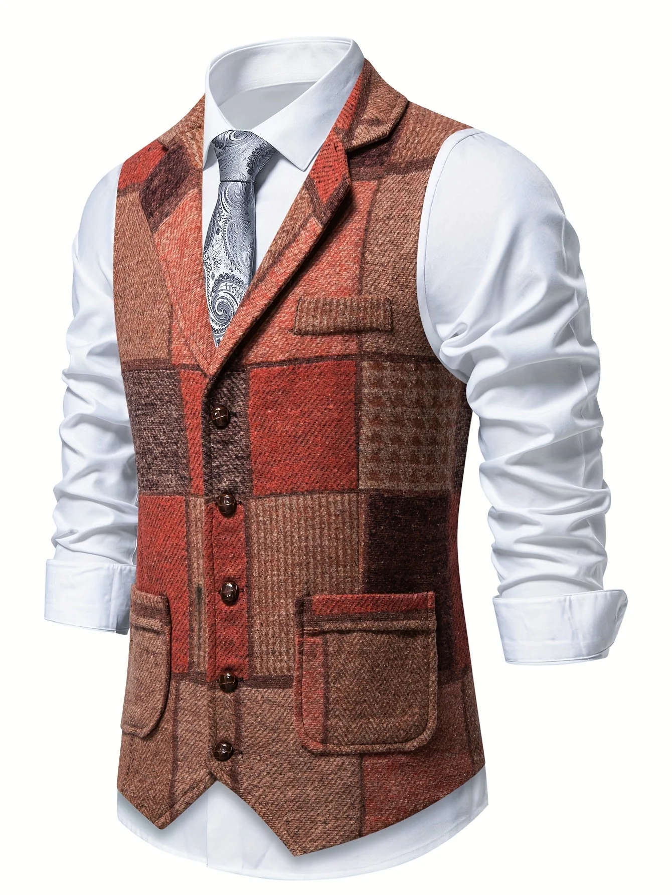 Saverse - Gilet In Tweed A Spina Di Pesce Patchwork - Image 6