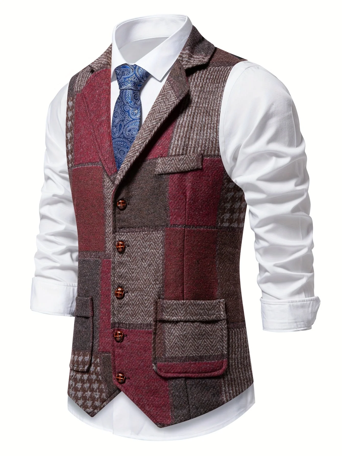 Saverse - Gilet In Tweed A Spina Di Pesce Patchwork - Image 7