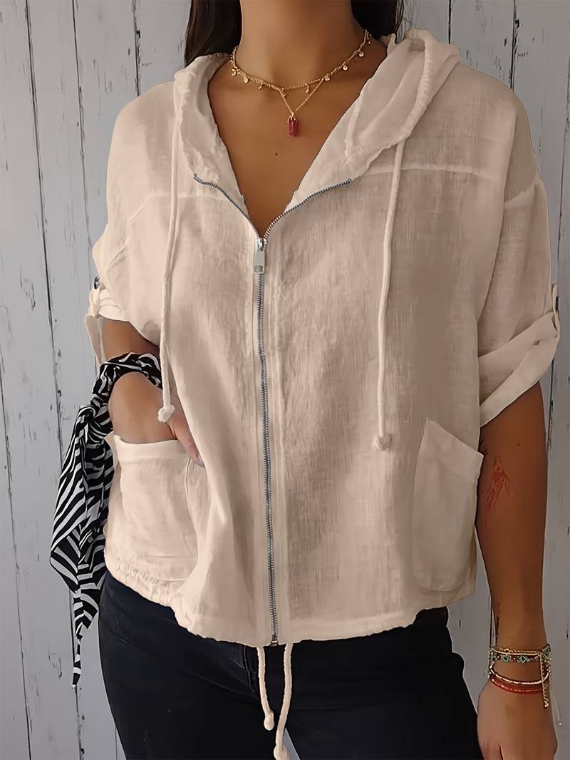 Senushi - Maglia Ampia a Maniche Corte Con Cappuccio e Zip - Image 2