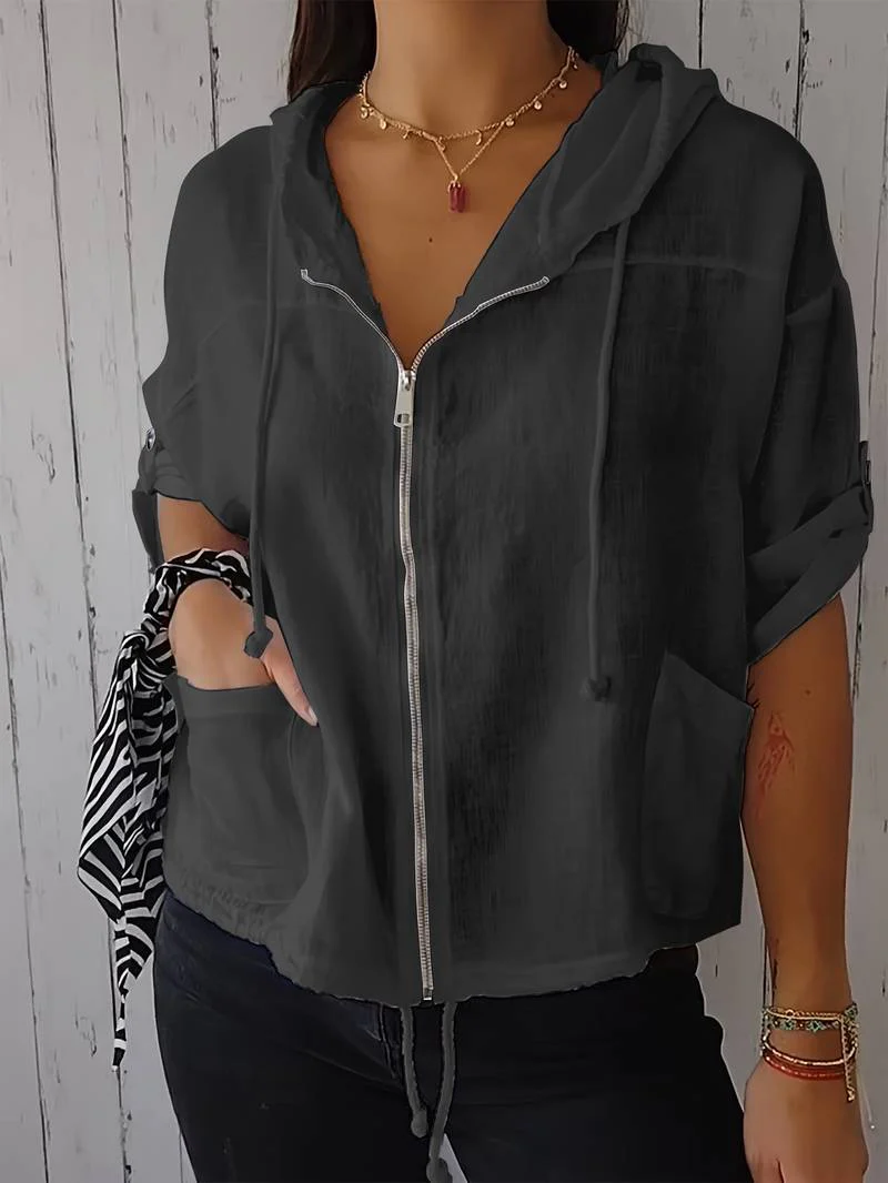 Senushi - Maglia Ampia a Maniche Corte Con Cappuccio e Zip - Image 3