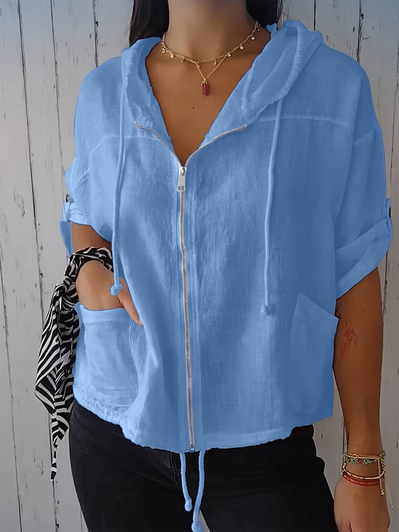 Senushi - Maglia Ampia a Maniche Corte Con Cappuccio e Zip - Image 4
