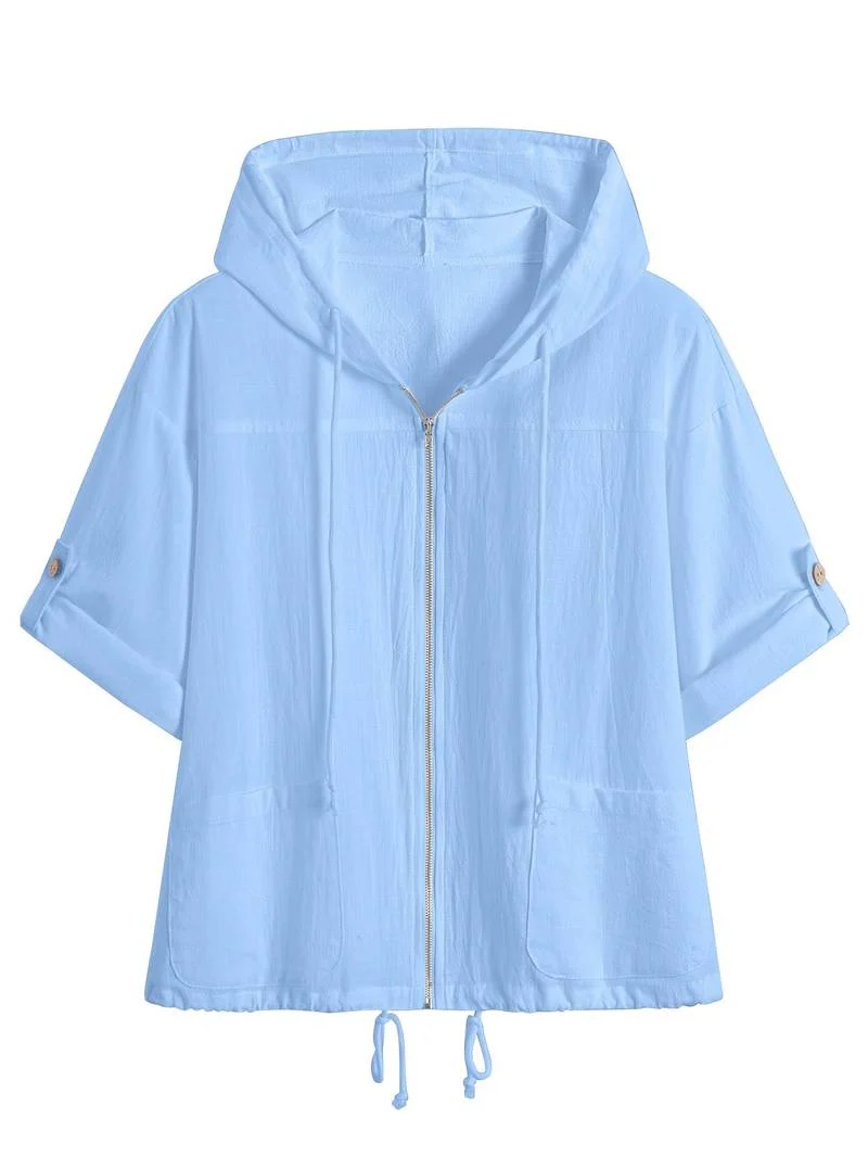 Senushi - Maglia Ampia a Maniche Corte Con Cappuccio e Zip - Image 5