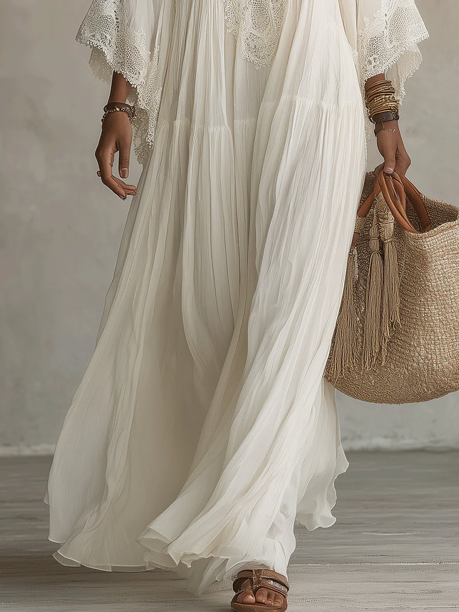 Shimmila - Abito Lungo in Chiffon Con Maniche a Pipistrello e Pizzo - Image 5