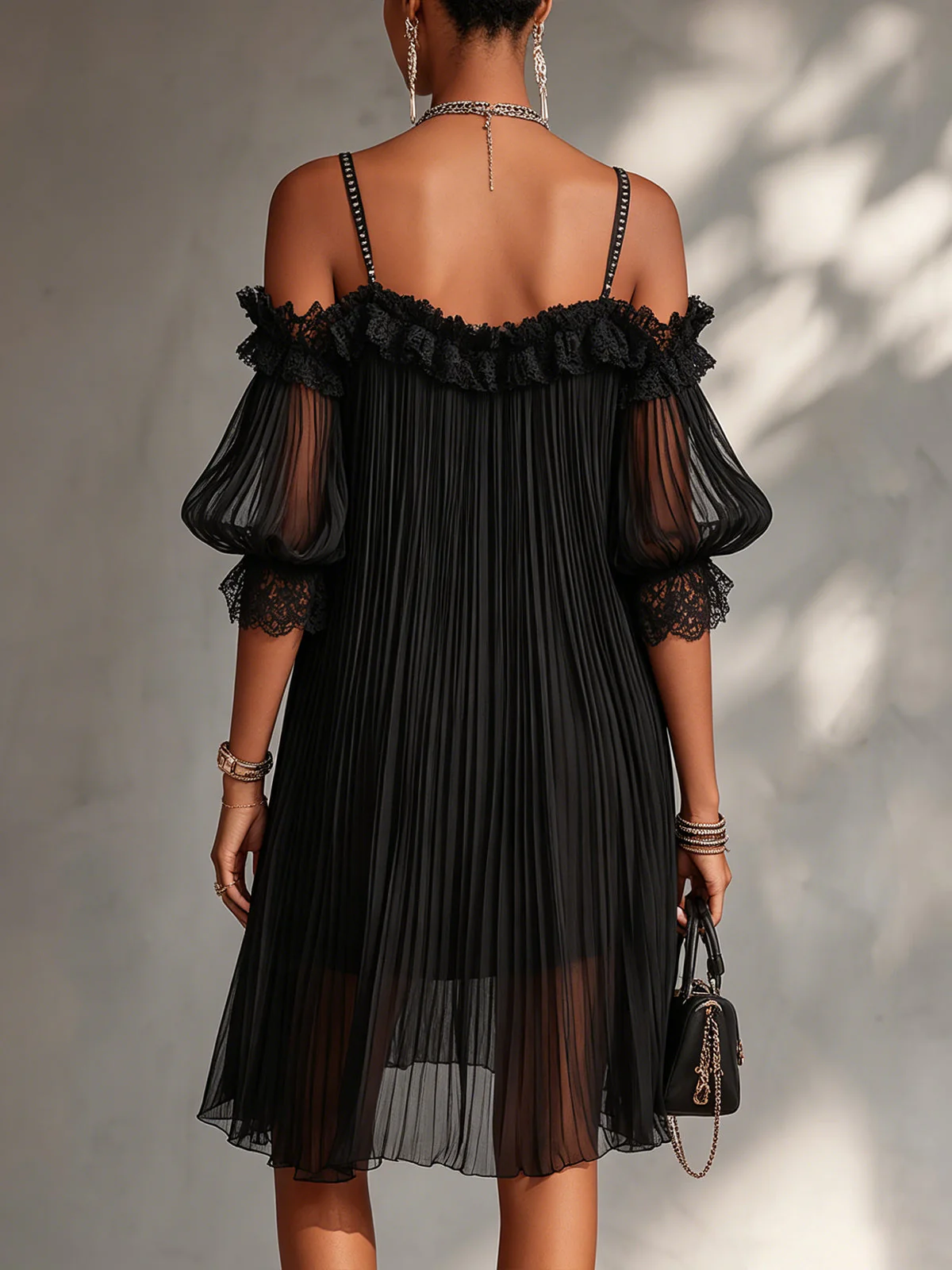 Silija - Abito Mini in Chiffon Con Spalle Scoperte e Bordi in Pizzo - Image 3