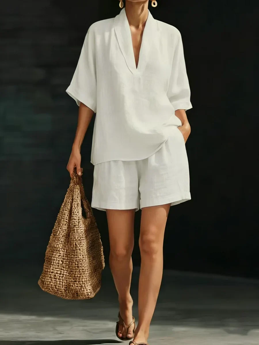 Silvani - Set Composto Da Top Casual in Cotone Con Scollo a V E Pantaloncini - Image 2