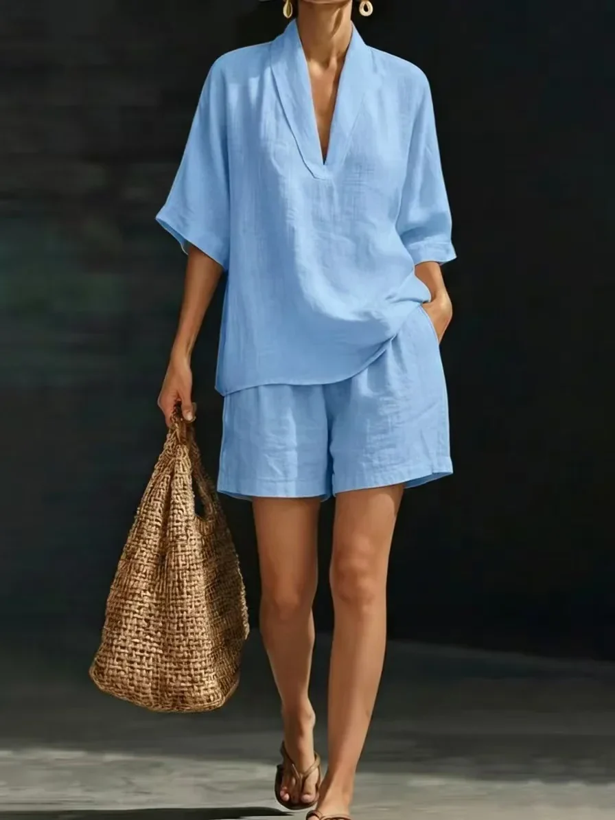 Silvani - Set Composto Da Top Casual in Cotone Con Scollo a V E Pantaloncini - Image 3