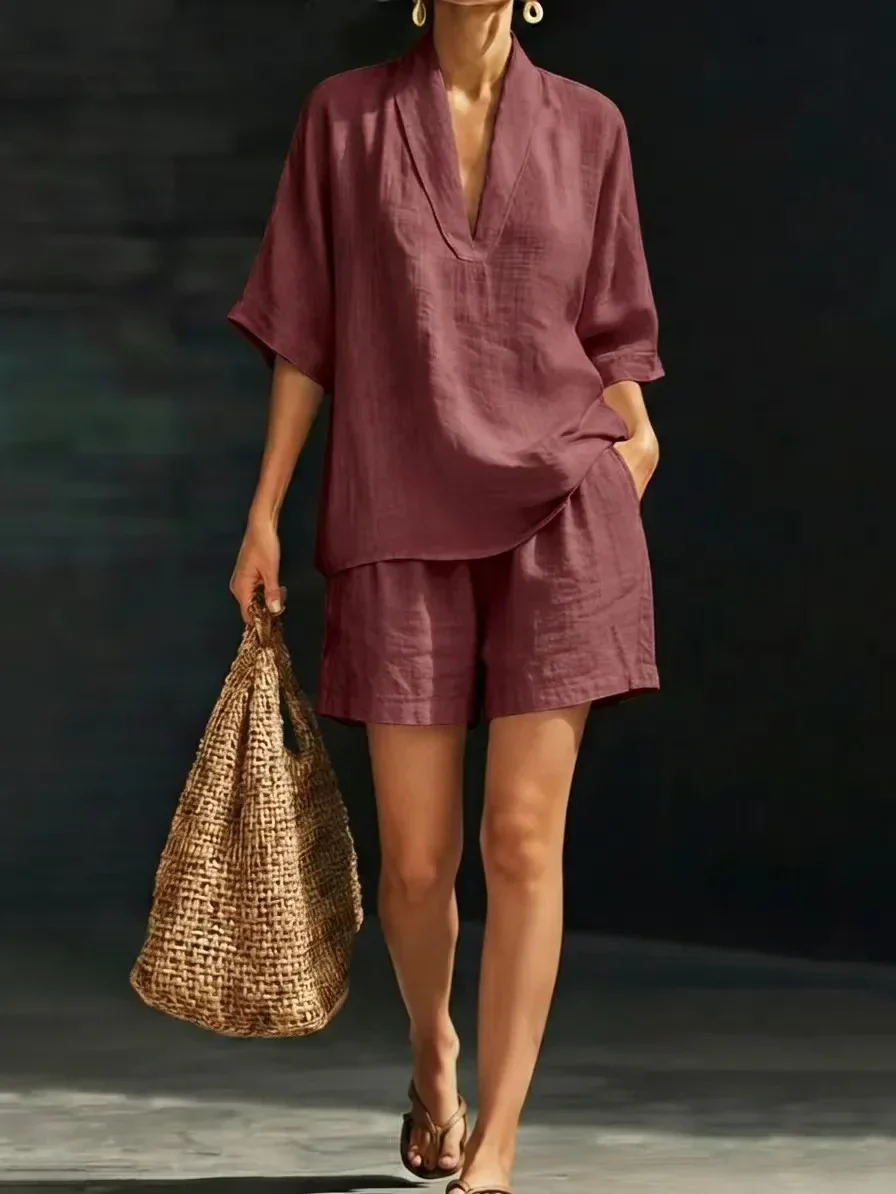 Silvani - Set Composto Da Top Casual in Cotone Con Scollo a V E Pantaloncini - Image 4