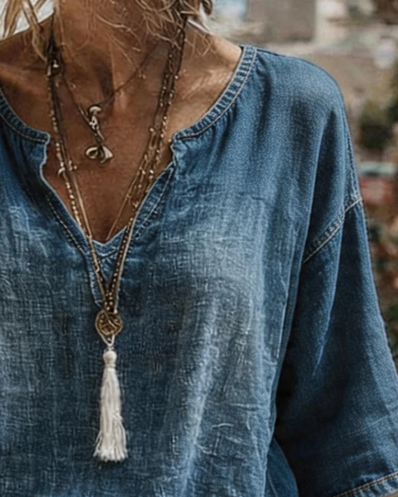 Syleena - Top In Denim Con Scollo a V e Maniche a Tre Quarti - Image 2