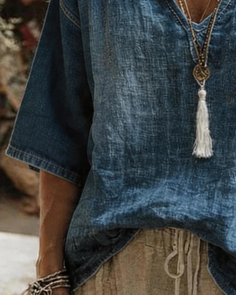 Syleena - Top In Denim Con Scollo a V e Maniche a Tre Quarti - Image 3