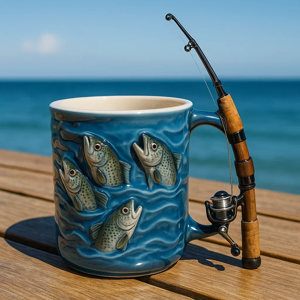 TideRoast - Tazza da Pesca con Manico a Forma di mini Canna da Pesca