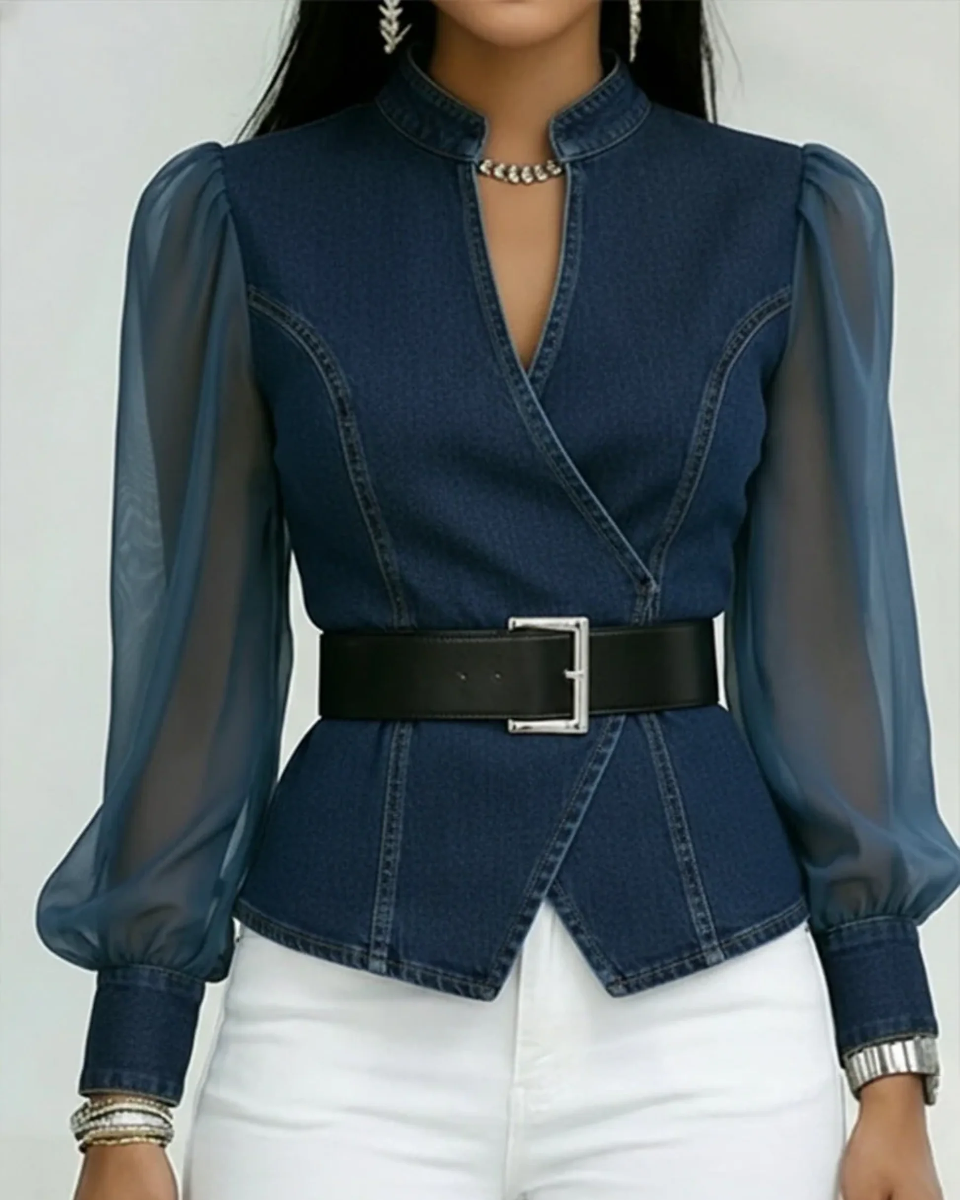 Vessa - Top In Denim Con Maniche in Panno - Image 2